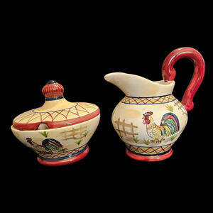 Youngs Heartfelt Kitchen Creations Rooster Creamer Sugar Bowl Set Ceramic